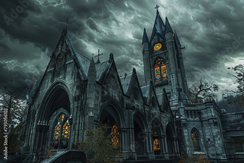 A stately, Gothic-style school exterior with pointed arches and stained glass windows, under a brooding, cloudy sky.