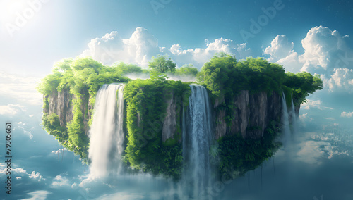 Enchanting Floating Island Oasis Surrounded by Clouds and Waterfalls