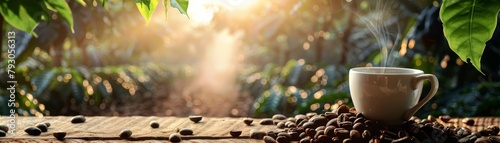 Organic coffee beans scattered around a steaming cup of coffee on a rustic wooden table, framed by lush plantation scenery