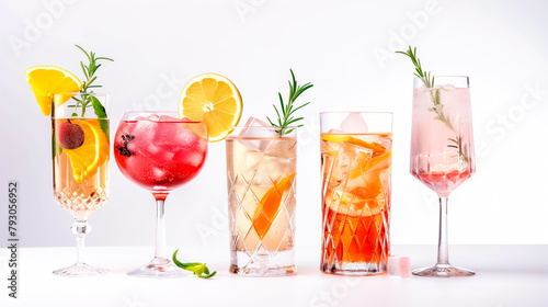 Set and collection of non-alcohol cocktails or mocktail isolated on white background with fresh summer fruits