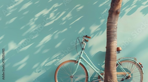 A blue vintage bicycle leaning against a blue wall with a palm tree next to it.