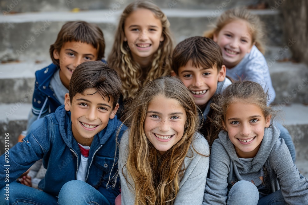 Group of happy kids sitting on steps in school yard smiling at camera