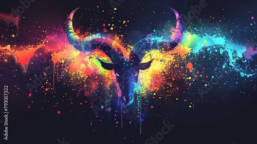 A colorful painting of a ram with a black eye. The painting is full of bright colors and has a lot of splatters of paint photo