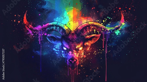 A colorful painting of a ram with a black eye. The painting is full of bright colors and has a lot of splatters of paint photo