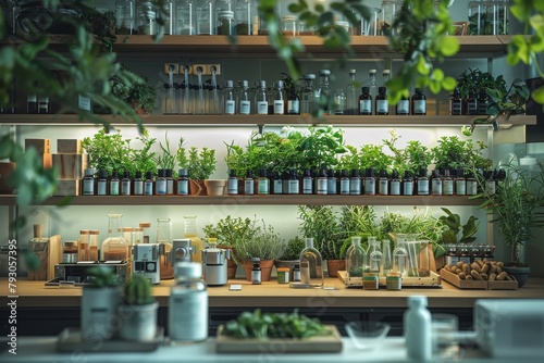 A lab table with several vials of herbs and plants © itchaznong