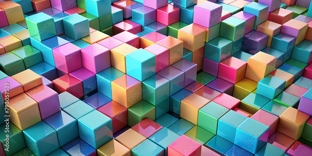 Numerous colourful 3D cubes are arranged in a seemingly random pattern, creating an abstract and vibrant landscape. The cubes vary in height, giving the composition depth and complexity.AI generated. Numerous colourful 3D cubes are arranged in a seemingly random pattern, creating an abstract and vibrant landscape. The cubes vary in height, giving the composition depth and complexity.AI generated.