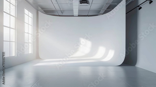 Empty photo studio with white corner cyclorama and sunbeam. lots of daylight