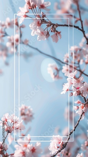 Give me a memorial flyer Cherry blossoms and white blank rectangle the middle space for writing message