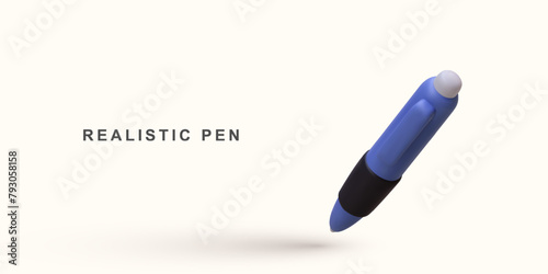 3d realistic blue pen on white background. Vector illustration.