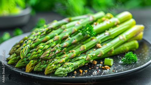 Close-up of delicious fresh Asparagus served on dark plate.