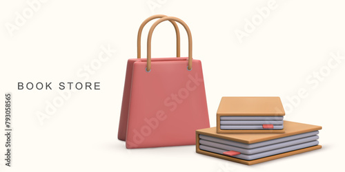 3d realistic  advertisement for bookstore on white background. Vector illustration.