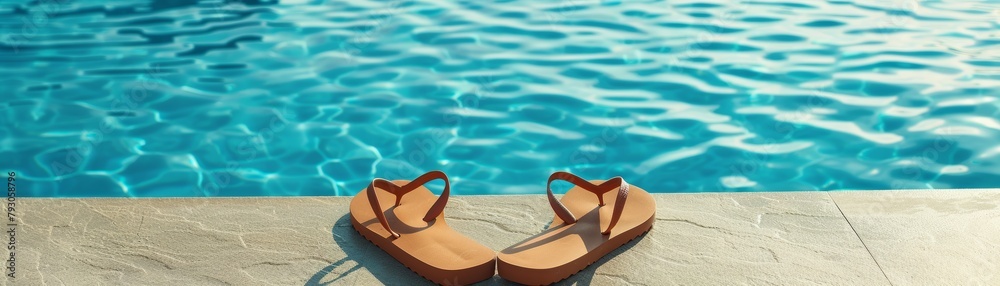 A pair of brown flip-flops on the edge of a blue swimming pool on a sunny day.