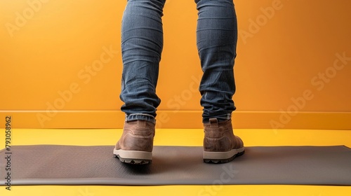 Close-up of a man's legs from the back, standing in front of a large, vivid yellow wall, there is a connotation of the front is an obstacle.