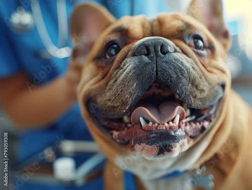 Closeup Bulldog wags tail weakly, veterinarian in blue scrubs smiles and pats his head Syringe with medicine rests on a tray Hyperrealistic 3D render with emphasis on recovery and care 01