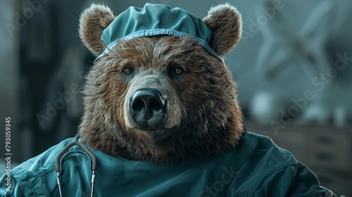 Closeup Grizzly bear in mask nurses cap, stethoscope on chest, Hyperrealistic 3D, detailed fur photo