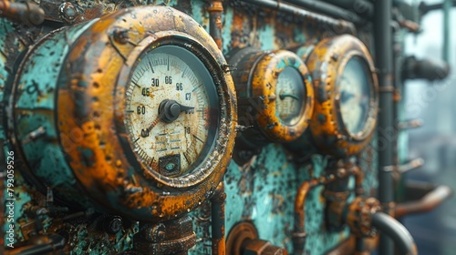 Closeup, weathered gauges on rusty factory equipment, futuristic cityscape through window 3D render photo