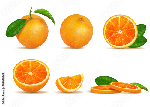 Orange slices. Fruit citrus half cut and whole, front and side view of vitamin food with green leaves. Ripe fresh mandarin for juice packaging label. Realistic isolated vector 3d set