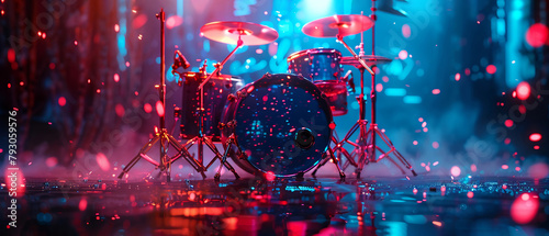 drum set bathed in neon light, glowing cymbals vibrate Drummer in motion, futuristic stage with holographic audience Hyperrealistic 3D, focus on sound and movement 01 photo