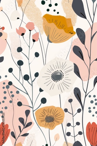 Floral Pattern With Flowers and Leaves on White Background