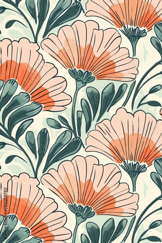 Orange and Green Flower Pattern on White Background