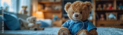 Teddy bear nurse in blue uniform smiles, checks stuffed animal with stethoscope Childrens toys on shelf in background Cute cartoon, soft light photo