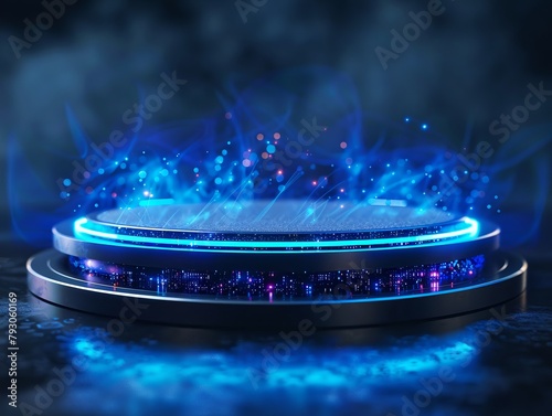 Tech Ascension Black podium, blue glow, data wisps rise tech evolution Hyperrealistic 3D, clean lines 02
