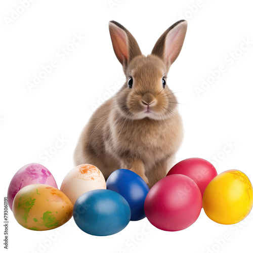 A brown bunny sitting next to colourful easter eggs isolated on a white background © cerulean std