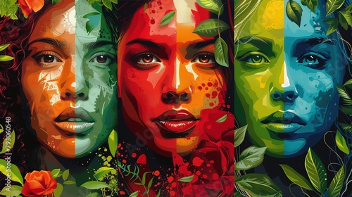 Face of women alive with myriad emotions reflection pass various colors, surrounded by a lush backdrop of leaves and flowers, symbolizing her deep connection to nature.
