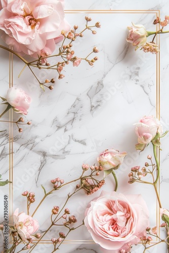 Marble Background With Pink Flowers and Gold Frame