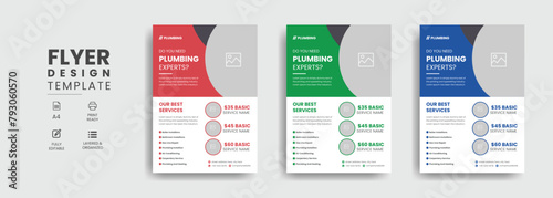 Plumbing services flyer template with professional roofing business leaflet and home repair brochure design layout