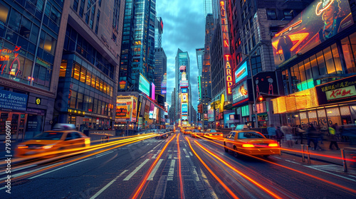 A bustling city street lined with tall buildings, bustling with activity, and illuminated by colorful neon lights, capturing the vibrant energy of urban life