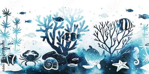 Vector ocean bottom. Watercolor horizontal seamless border pattern with blue silhouette turtle, crab, seahorse, fish, seaweed, sea shell and corals. Marine underwater life isolated on white background