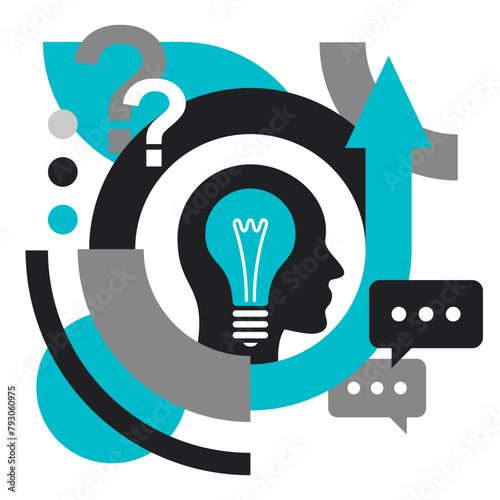 Head and lightbulb in bold geometric decoration