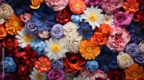 Colorful paper flowers background, top view. Floral background.