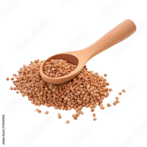 A bunch of buckwheat with a wooden scoop on a white background