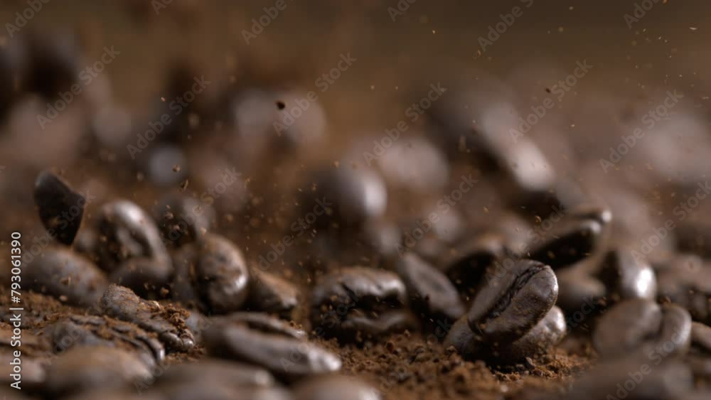 Macro Capture of Coffee Beans and Powder Flying, Super Slow-Motion at 1000 fps Macro Capture of Coffee Beans and Powder Flying, Super Slow-Motion at 1000 fps