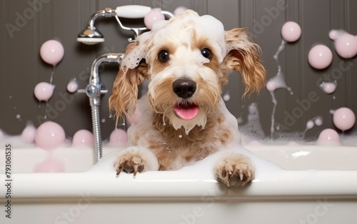 Playful Dog Enjoying Bath Time