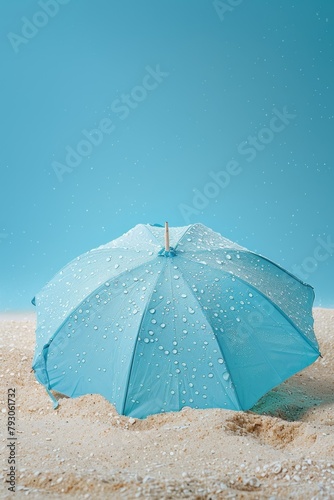 Blue beach umbrella on sand under rain. © Nattanon