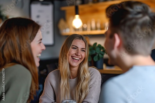 Group of young friends talking and laughing while sitting in cafe or restaurant
