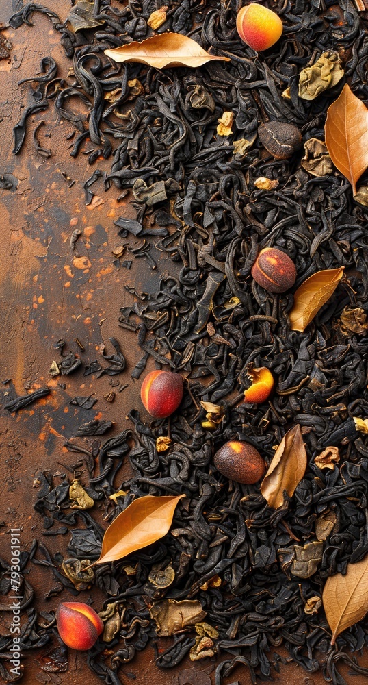 flat layer of peach paradise black tea loose leaves on brown background, illustration made with Generative Ai