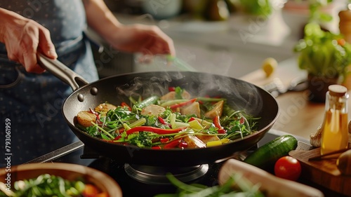cook flipping a Sweet Garleek stir-fry in a pan, the ease of creating a delicious, healthy meal