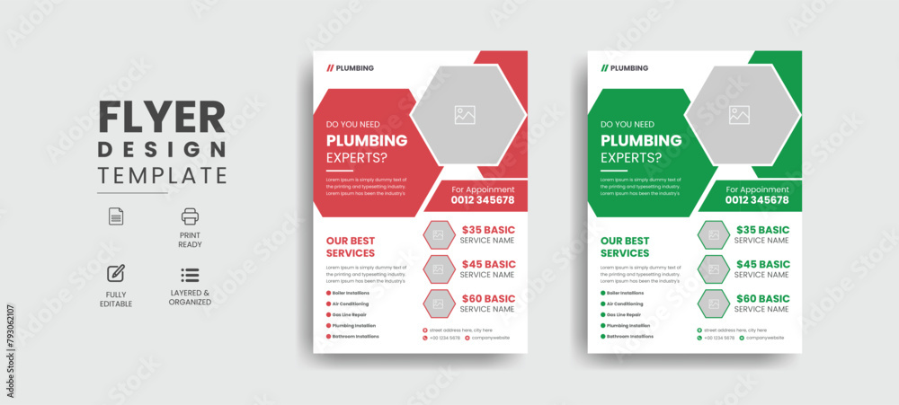 Plumbing services flyer template with professional roofing business leaflet and home repair brochure design layout