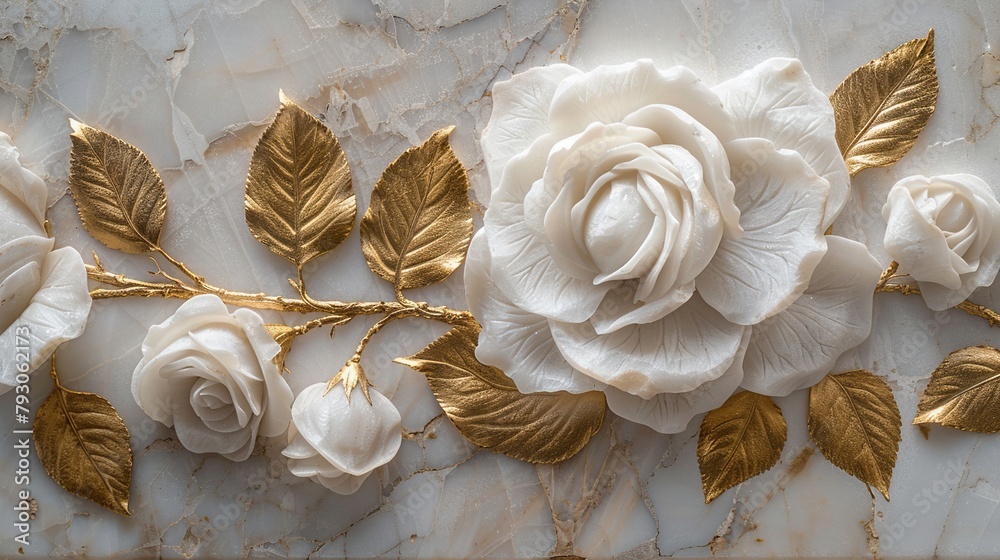 A 3D white rose with gold leaves is mounted on a marble background.
