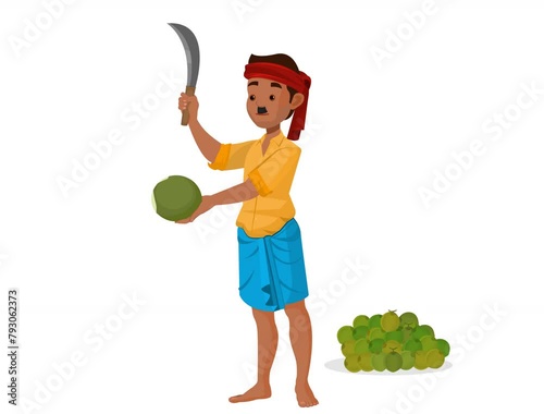 Coconut seller at an Indian Market, Fruit seller peeling and shelling a fresh green coconut using a chopping knife