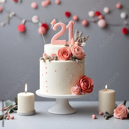 A white birthday cake with flowers and number 21 on it. Birthday decorations photo
