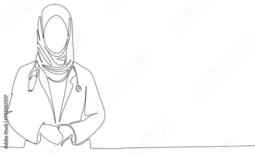 Muslim Doctor woman one line continuous. Line art Arab woman doctor. Hand drawn vector art.