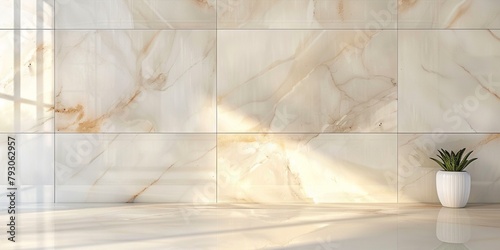 Close up of blank empty space on clean white marble kitchen counter top with morning sunlight and shadow on white ceramic wall tiles in background. 