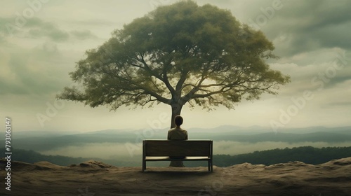A man is sitting under a tree lonely in the morning to think about nature