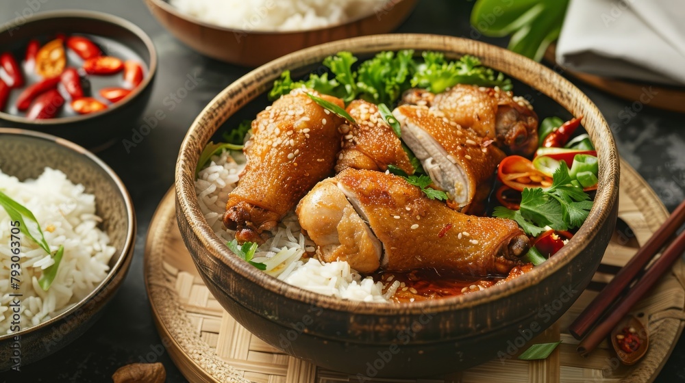 bak kut teh, fried chicken with sticky rice, food photography, 16:9