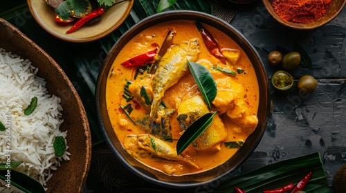 yelllow curry with fish, sour curry, food photography, 16:9 photo